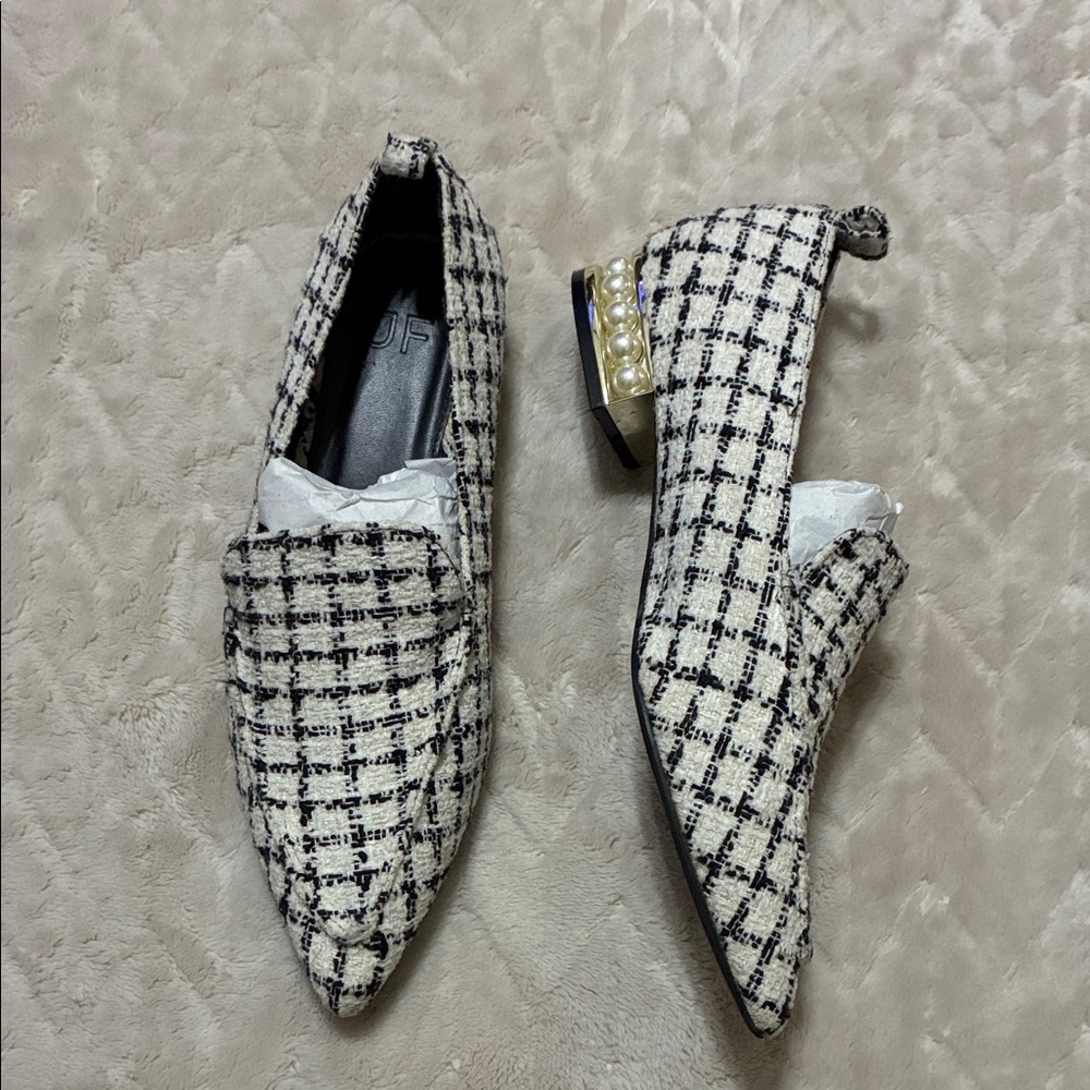 JustFab Black + White Tweed Loafers with Pearl Accent